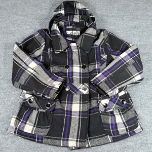 Deb Wool Blend Plaid Pea Coat Large Removable Hood Outerwear Winter Y2K Preppy